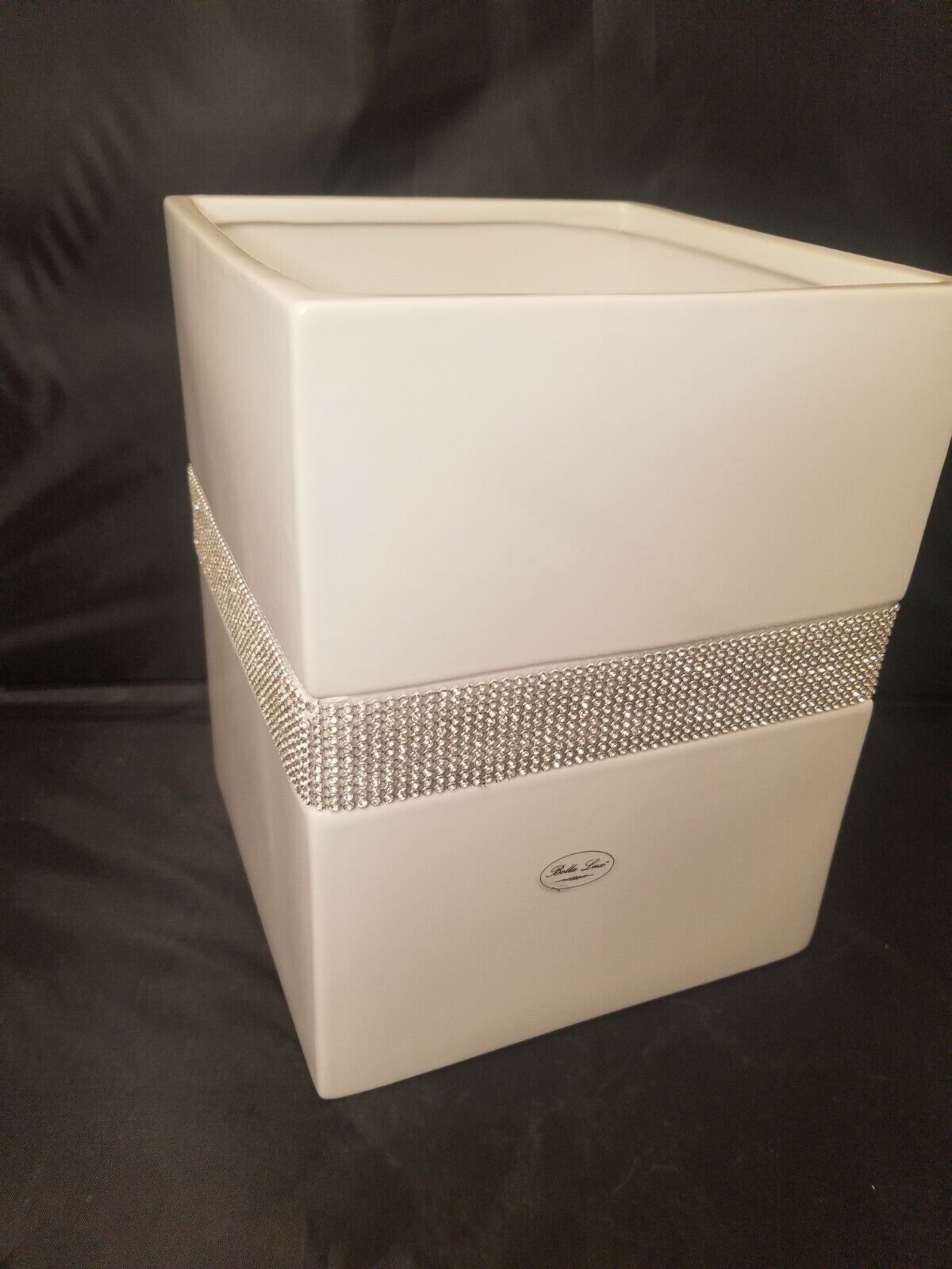 Bella Lux Bathroom Trash Can White Ceramic Crystal Rhinestone Wastebasket New