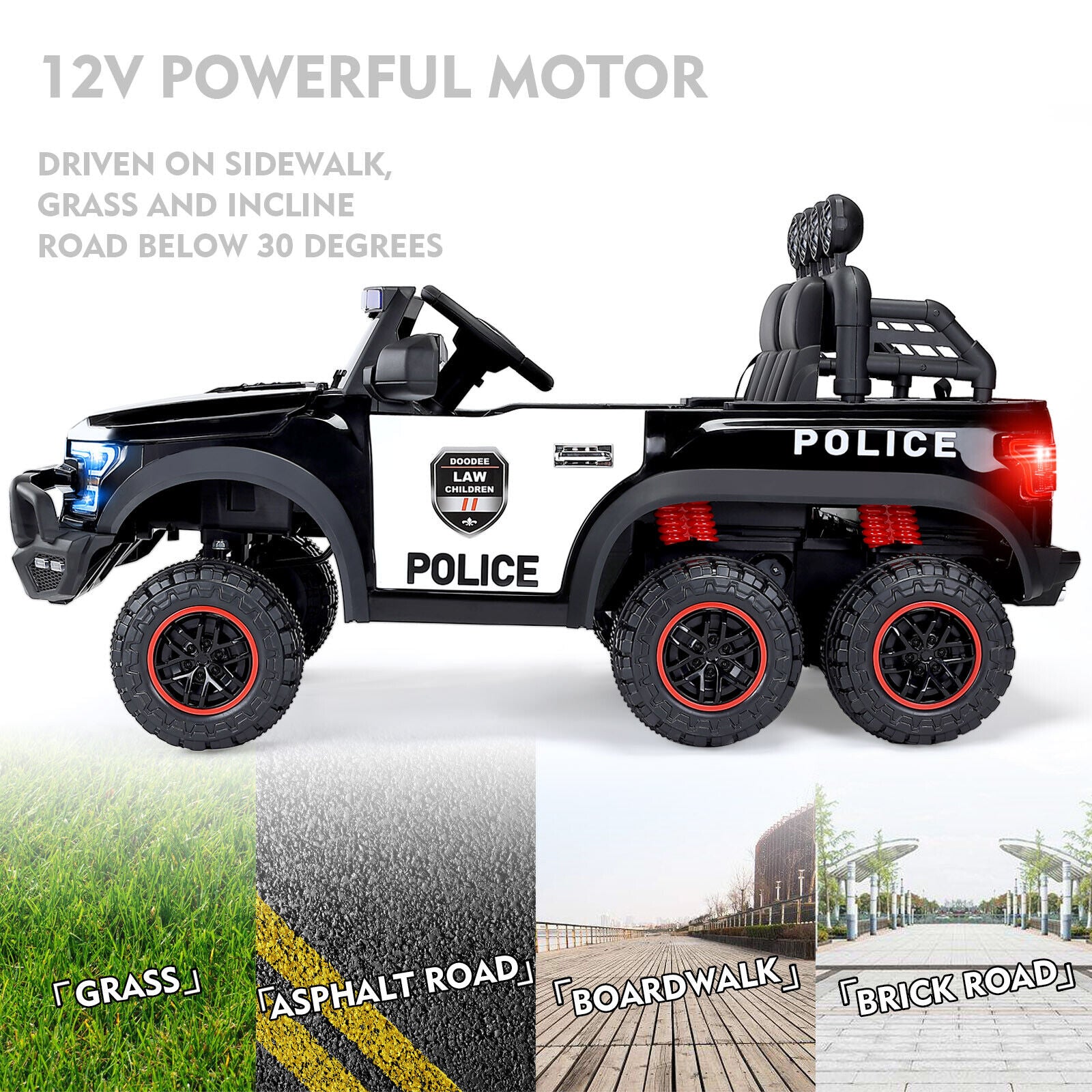 Electric 12V Battery Kids Ride on Police Car Truck 6Wheels+Led+In