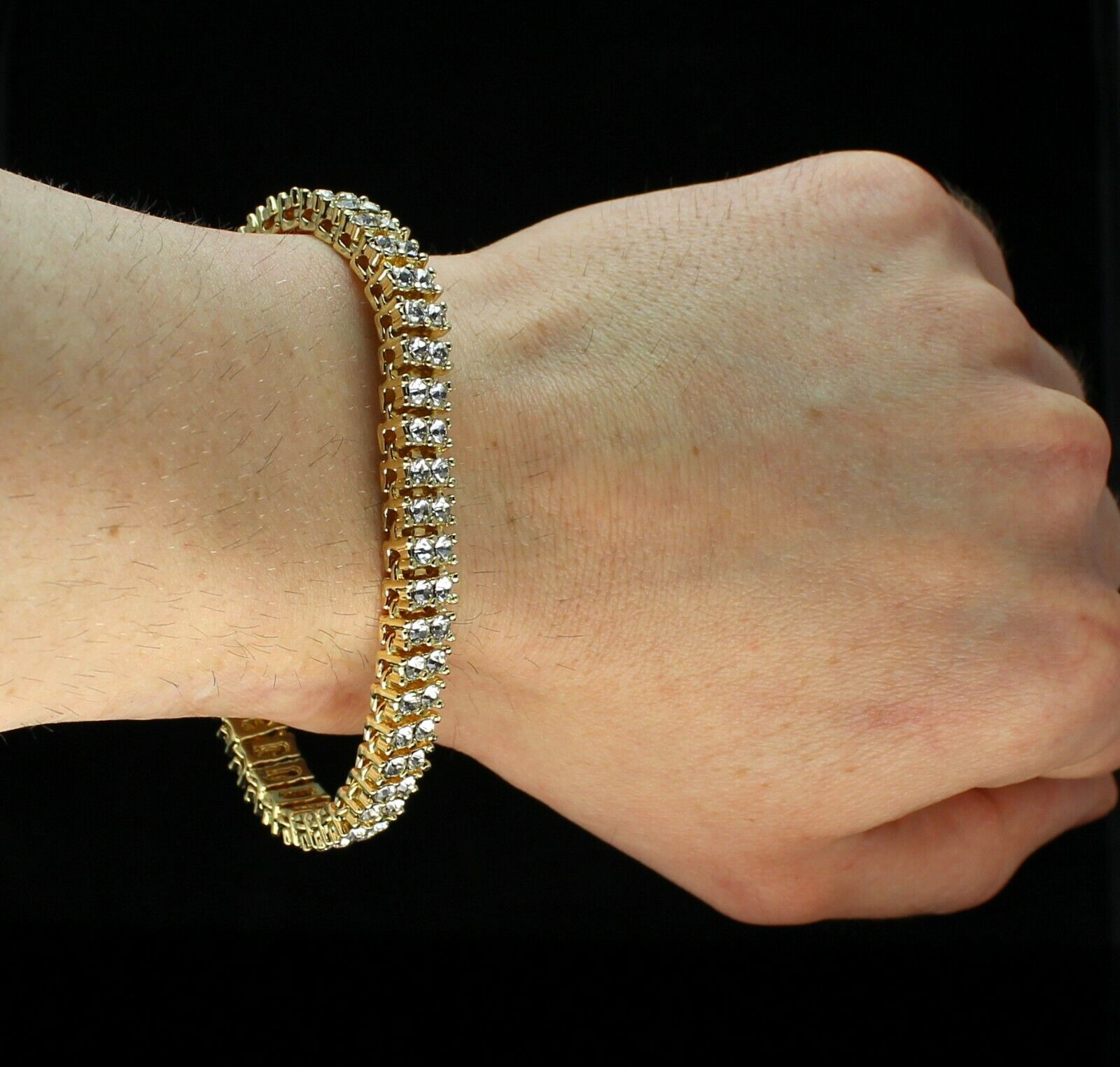 Mens Womens 2 Row Cz Tennis Bracelet 14K Gold Plated 8 Inch