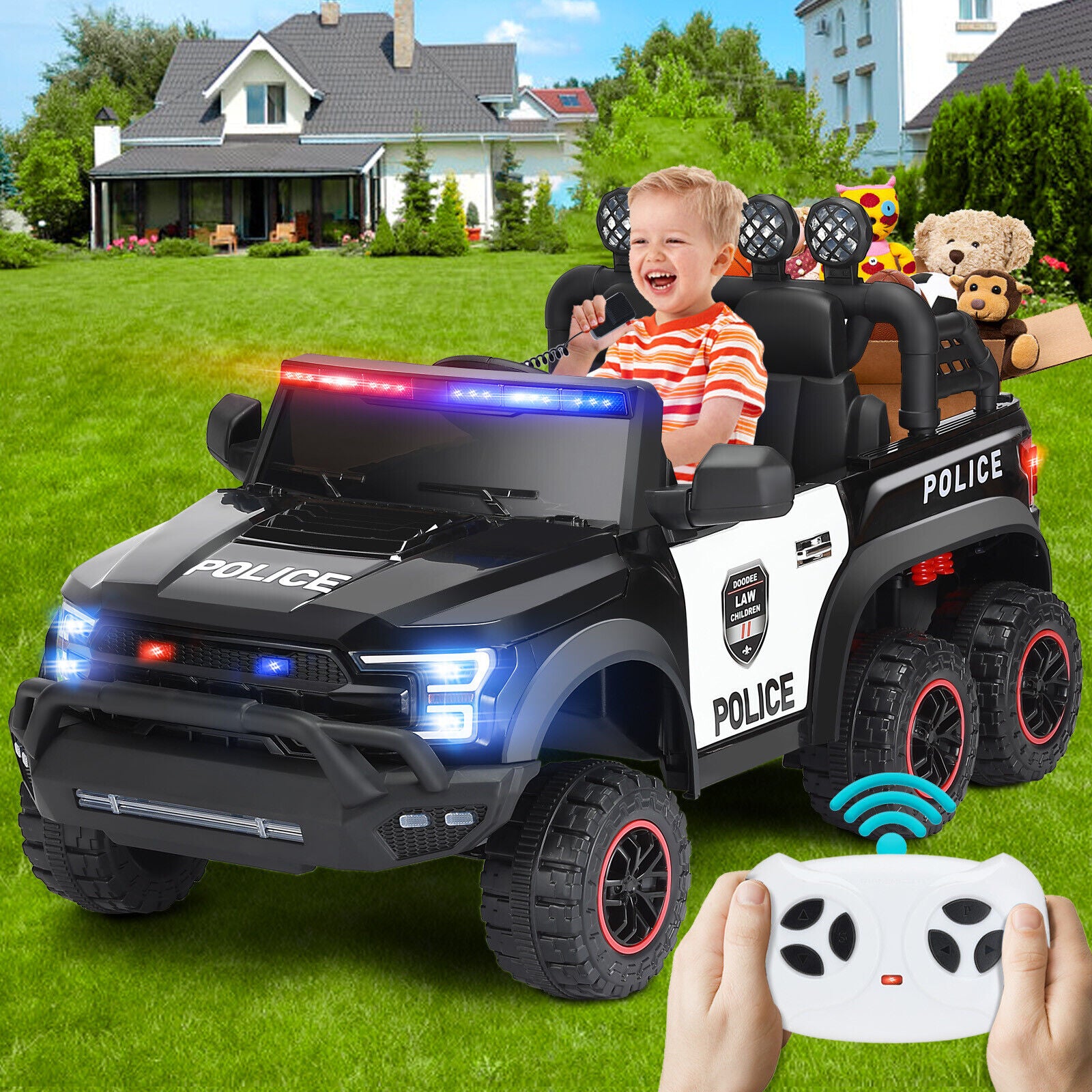 Electric 12V Battery Kids Ride on Police Car Truck 6Wheels+Led+In