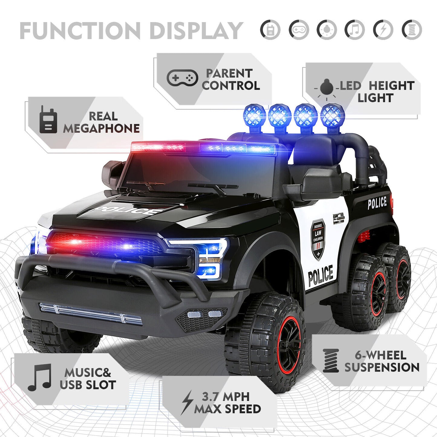 Electric 12V Battery Kids Ride on Police Car Truck 6Wheels+Led+In