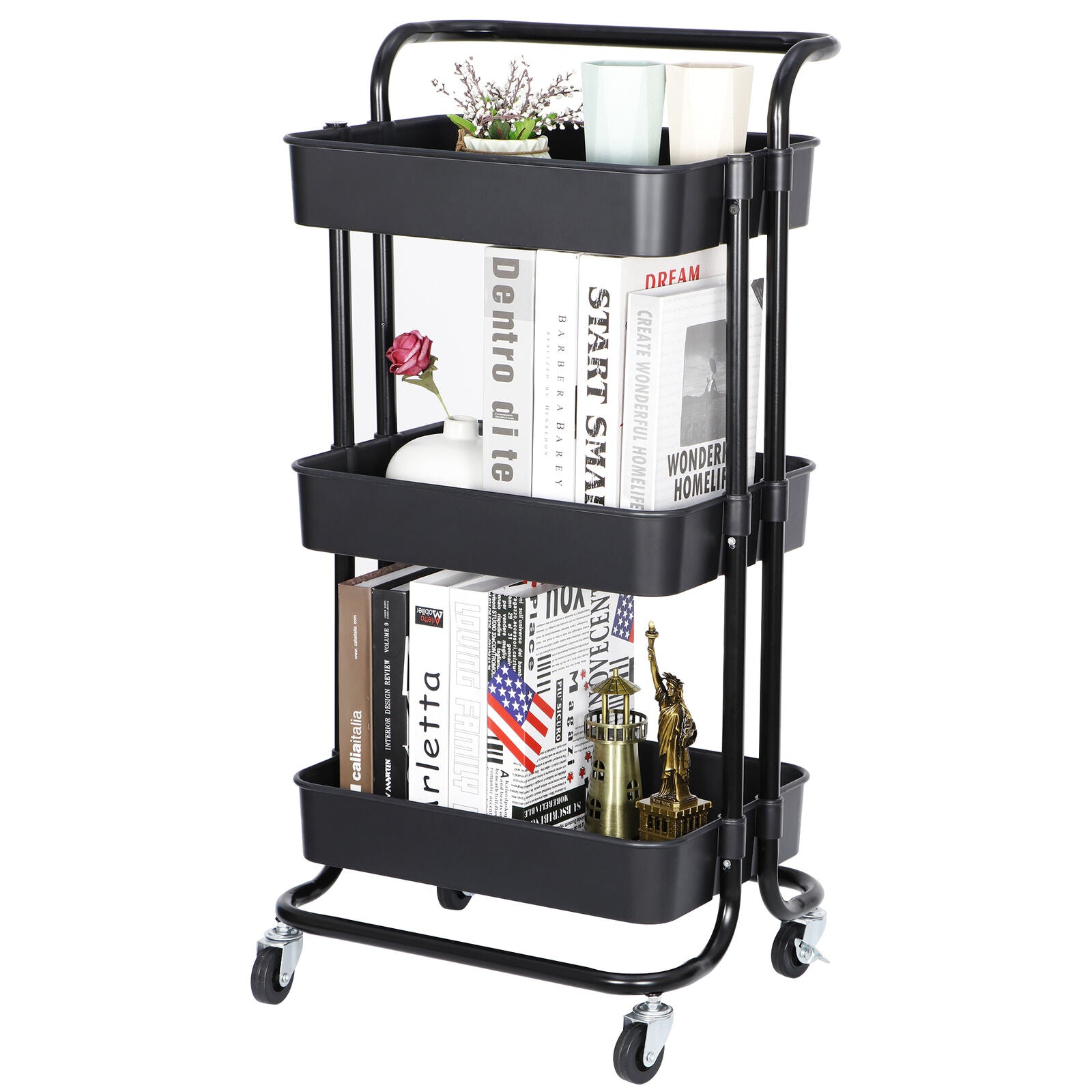 3 Tier Rolling Utility Cart Kitchen Cart Storage Shelves with Roller Wheels
