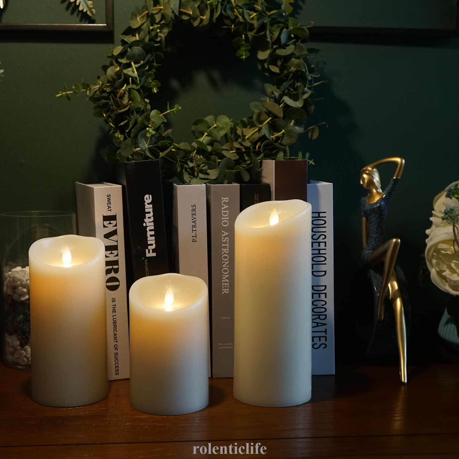Luminara Flameless Scented Wax Candle Pillar Moving Wick Ivory 5" 7" 9" Set of 3