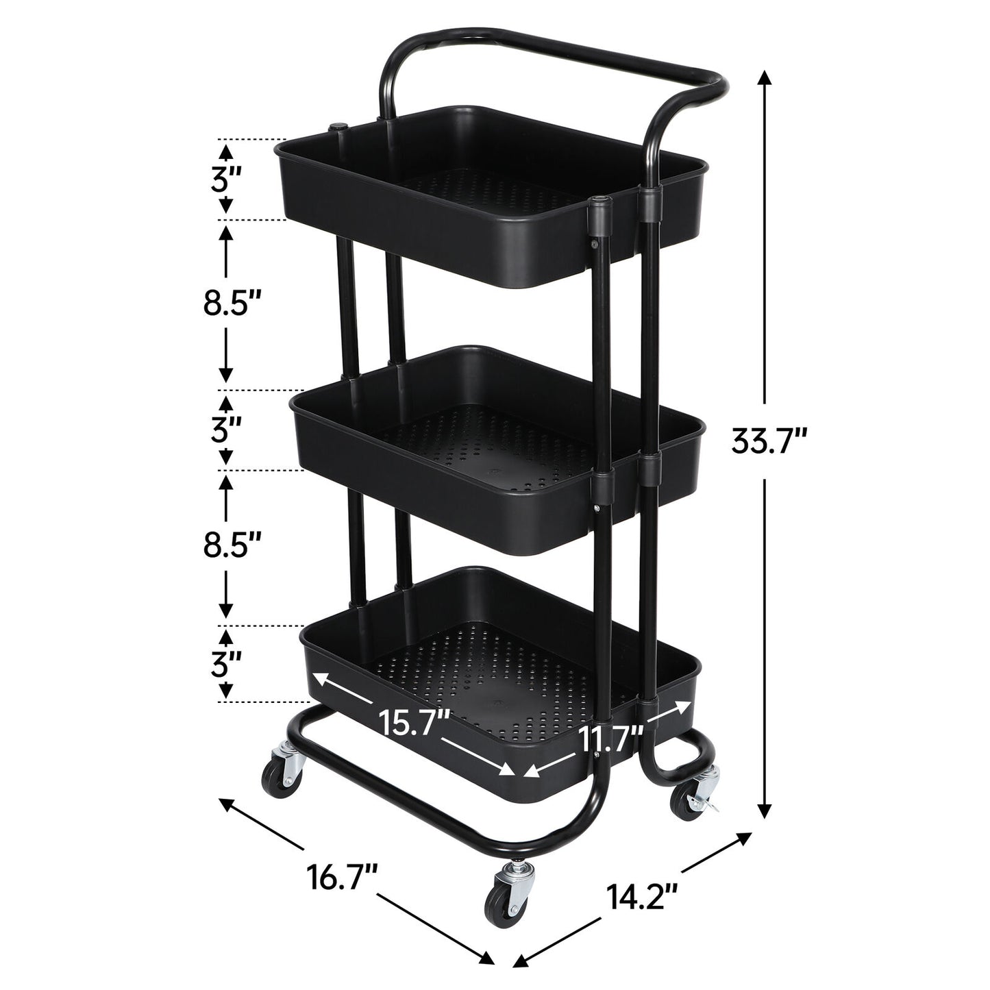 3 Tier Rolling Utility Cart Kitchen Cart Storage Shelves with Roller Wheels